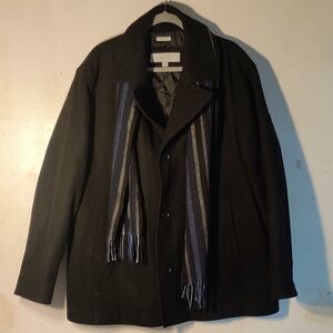 Perry Ellis Black Pea Coat with Striped Scarf